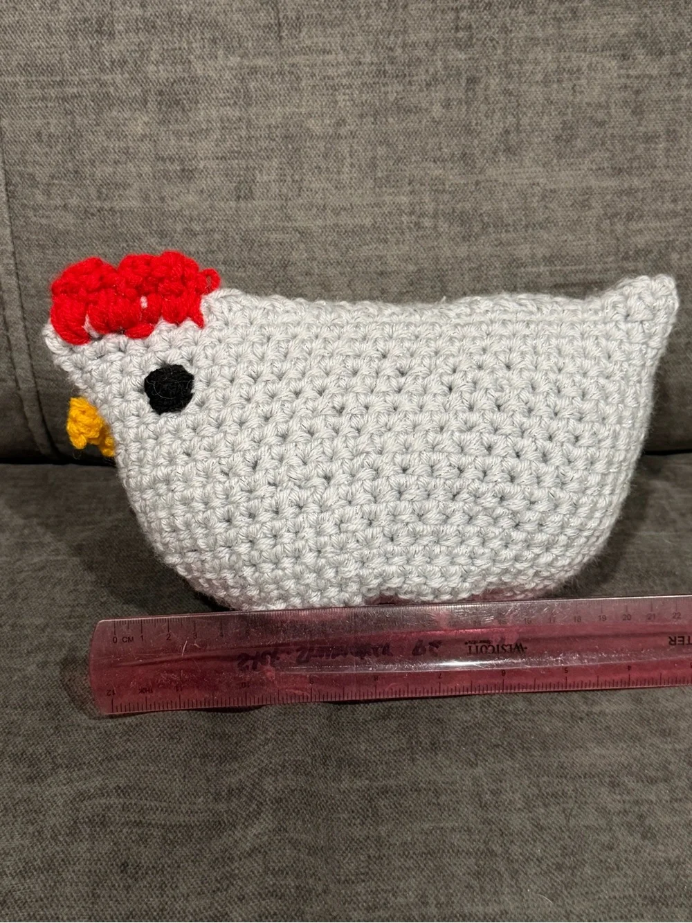 Handmade Gray Chicken Plush Bird Toy with Red Comb and Yellow Beak